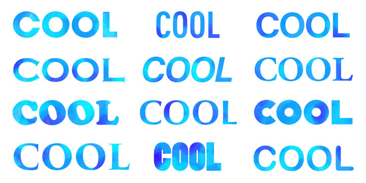 青い水彩グラデーションのCOOLテキストセット、タイポグラフィ、デザイン素材