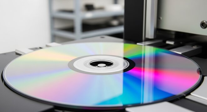 Close-up of blank CD with rainbow light reflection on glossy black surface in modern studio setting