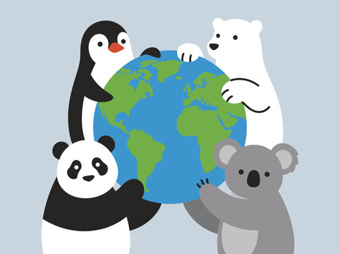 Cute Polar Animals and Panda Hugging Earth Globe Vector Illustration, Concept of Global Environment Protection, Wildlife Conservation and Ecology Care