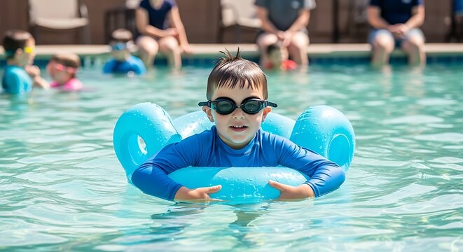 Happy child floating on blue swim ring in outdoor swimming pool with friends during summer