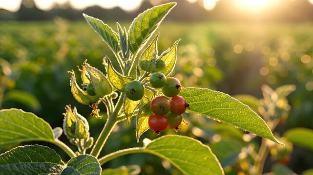 Closeup of Belladonna plant with berries in golden hour sunlight.