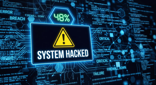A digital interface display showing a major system hack warning with critical status alerts and data processing code on a dark blue background