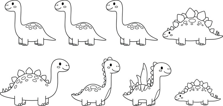 Set of cute dinosaur line art illustrations, brontosaurus and stegosaurus coloring book pages, prehistoric animal sketches, cartoon dino characters for kids
