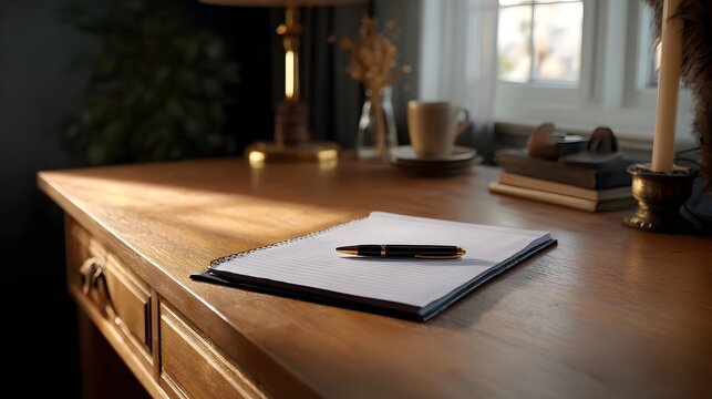 A notebook and pen resting on a warm wooden desk bathed in soft natural light during a quiet morning