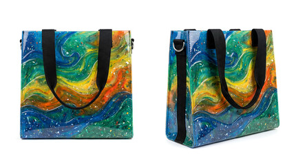Naklejka premium Vibrant tote bag crafted from recycled plastic with colorful marbled pattern, studio product shot for sustainable fashion and eco-friendly retail marketing.