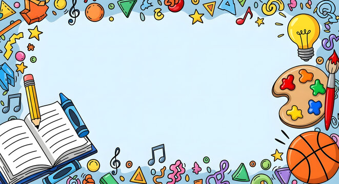 A playful border frame filled with colorful school supplies and icons represents education, creativity, and learning.
