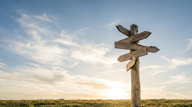 Wooden Direction Signpost at Sunset Landscape.