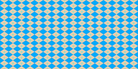 Seamless argyle pattern with blue and peach diamonds featuring stylized floral icons. Geometric checkered background for textile, wallpaper, and digital design. © Mr. Han Han