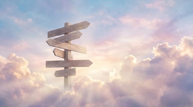 Wooden signpost with multiple directions in clouds.