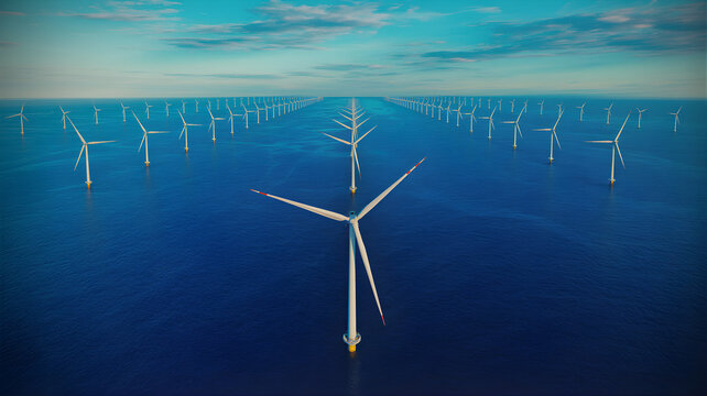 Wind turbines generating electricity in open ocean waters under a cloudy sky