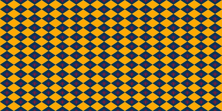 Geometric harlequin pattern with yellow and navy blue diamonds featuring red floral motifs. Vibrant seamless  background for textile, wallpaper, and wrapping paper design.