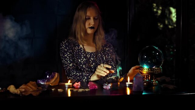 Woman psychic in deep meditation performs a fortune telling ritual with crystal ball candles smoke amethyst and runes in a dark sacred esoteric setting