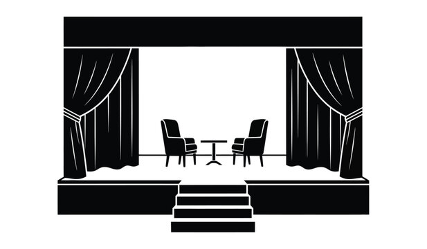 theater stage with black curtains and two chairs isolated silhouette on a white background high quality professional detailed modern elegant stylish clean crisp vibrant