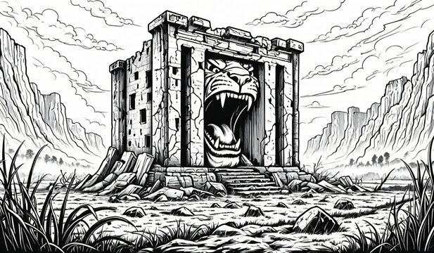 Black and white coloring book page, A lion trapped in an old temple,  pretending to roar in a fog shrouded ruin field,