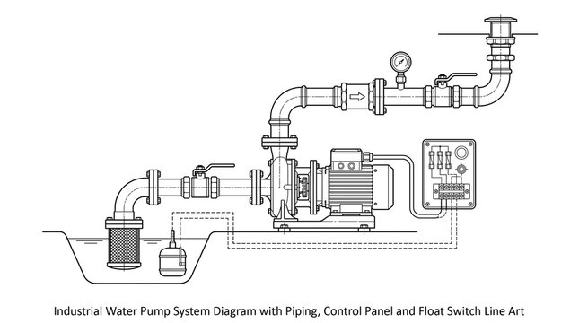 Industrial Water Pump System Diagram with Piping, Control Panel and Float Switch Line Art
