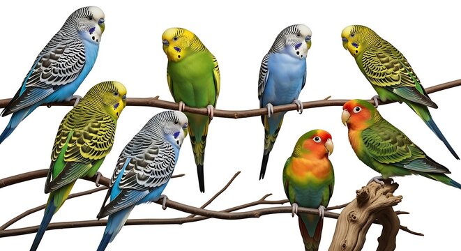 colorful budgies and parakeets perched on branches