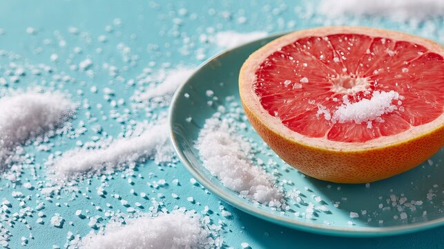 A vibrant half grapefruit generously sprinkled with coarse white salt rests on a teal plate, emphasizing refreshing flavor.