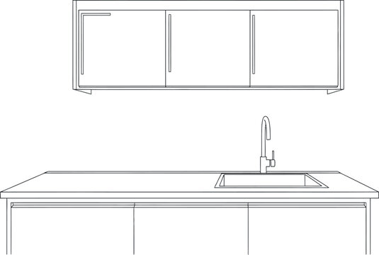 Elegant architectural line drawing showcasing a contemporary kitchen design, including upper wall cabinets and a lower base unit with an integrated sink and sleek faucet.