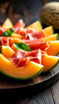 Cantaloupe melon slices with prosciutto on wooden board in close-up studio food shot