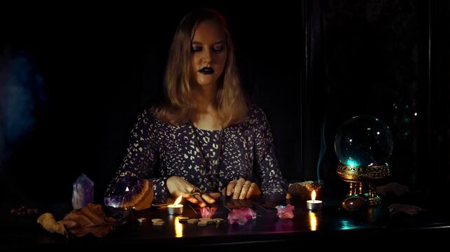 Woman psychic demonstrates tarot cards including the Sun card during a divination ritual with crystal ball candles smoke amethyst and runes in a dark mystical space