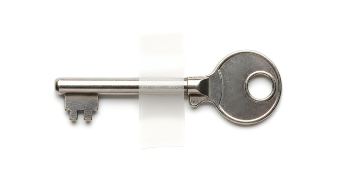 Simple metal key taped on white background
