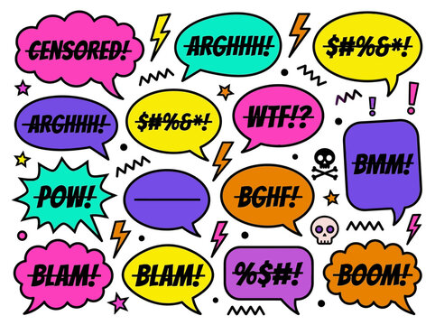 Comic Speech Bubbles Set with Censored Swear Words and Colorful Pop Art Exclamations