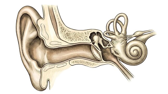 Anatomical illustration of a human ear with its intricate internal structures visible