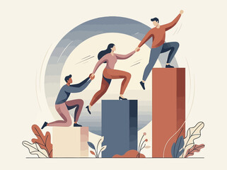 Business Teamwork and Growth Concept Illustration with People Helping Each Other Climb Blocks for Success and Career Advancement © Dreamine