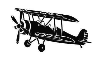 black silhouette of a vintage biplane aircraft with two wings and visible propeller isolated on white high quality professional detailed modern elegant stylish clean © Itz