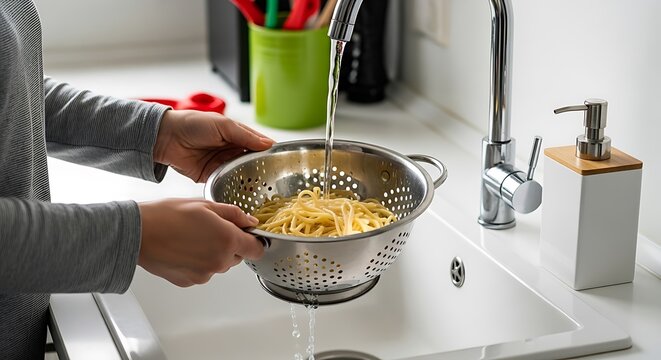 person rinsing pasta in kitchen sink with colander