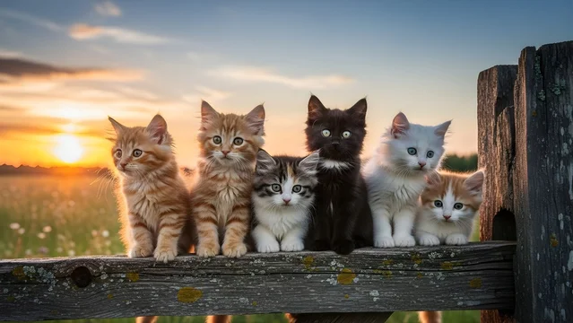 Group of Six Adorable Kittens Sitting on Wooden Fence at Sunset
