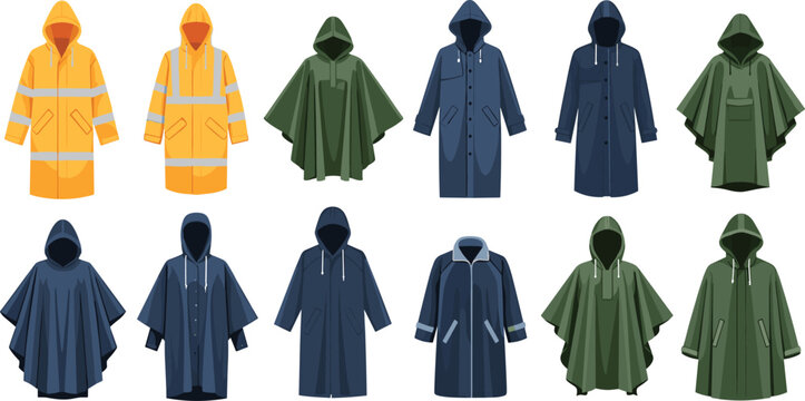 Selection of Protective Waterproof Raincoats and Hooded Rain Ponchos Featuring Reflective Safety Strips and Various Designs for Weather Protection and Outdoor Use