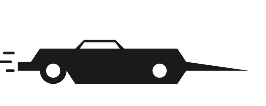 Sports car silhouette icon representing high speed travel and automotive transportation design concept depicted as a simple black graphic shape isolated on white background