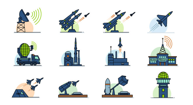 Set of military equipment illustrations featuring radar stations, missile launchers, and fighter jets, rendered in a clean, modern vector style with a cool blue and green color