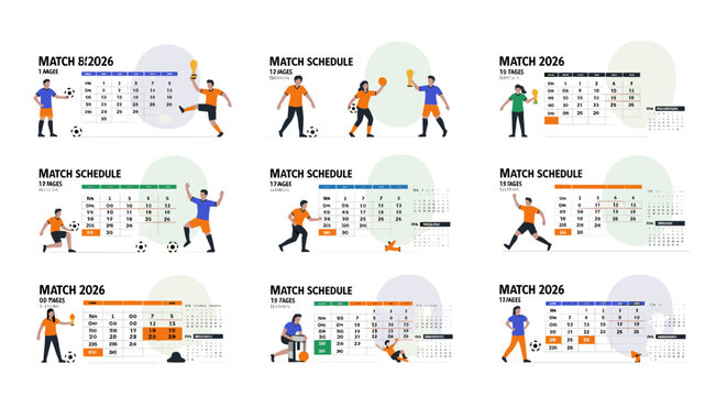Vibrant football match schedule illustration featuring players, calendars, and trophy elements, showcasing game dates and times with dynamic poses, energetic colors, and scalable