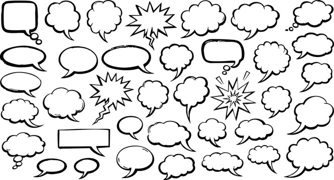 Set of various hand drawn speech bubbles and comic explosions black and white vector illustration for graphic design