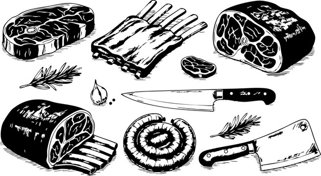 Selection of premium meat cuts including steak ribs and sausages with butcher knives for culinary and restaurant menus