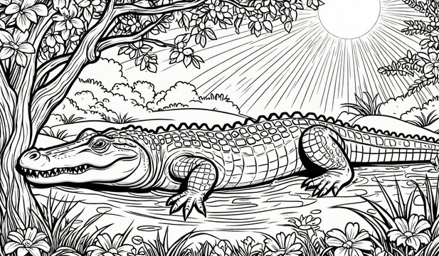 Black and white coloring book page, A crocodile bathing in sunlight in a  blossom canopy  