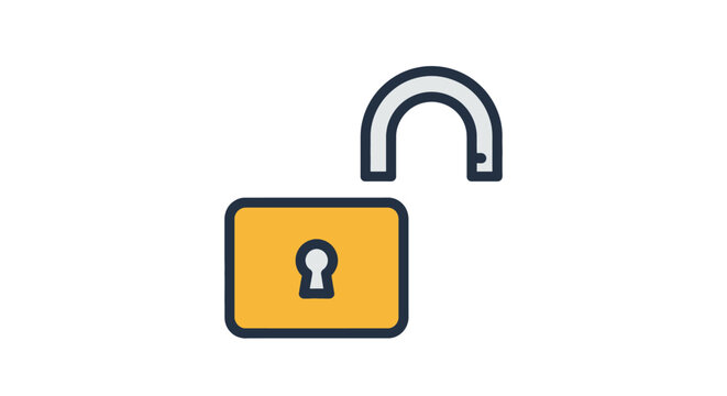 Conceptual symbol of an unlocked padlock with a yellow body and silver shackle against a clean white background representing access and security