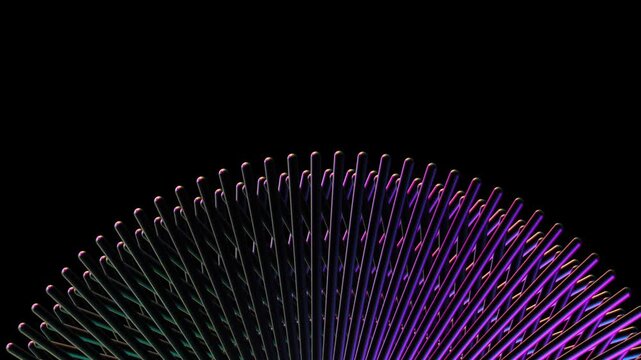 Iridescent metal rods forming a fan shape against a dark background with vibrant spectral lighting and a sense of futuristic digital innovation and industrial precision