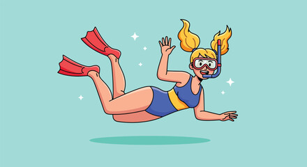 Cartoon illustration of a young girl snorkeling underwater with flippers and diving mask. © NFS Studio