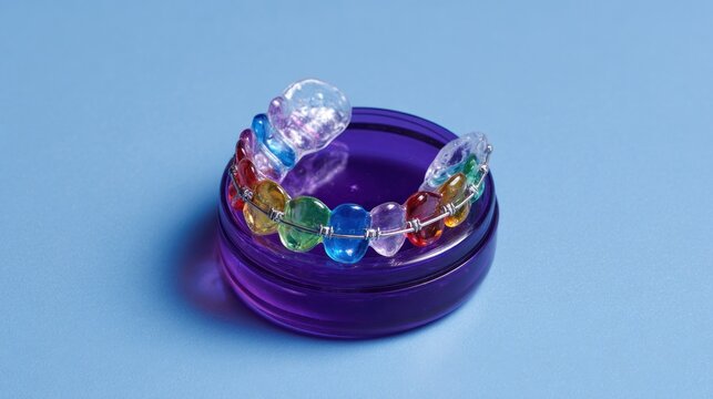Colorful dental retainer on a purple case against a blue backdrop
