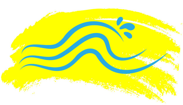 Stylized blue waves with splashes on a yellow brush stroke background. Summer vacation emblem combining a drawing of water and bright paint. Eps 10