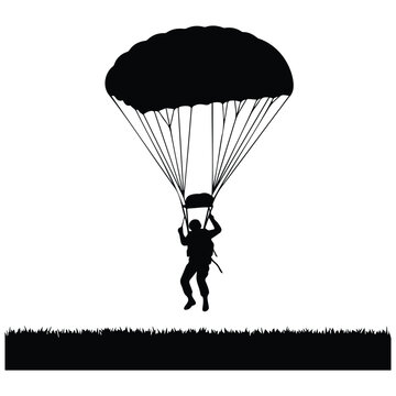 Paratrooper landing on grass field vector illustration silhouette line art for jump sport.