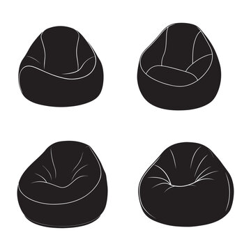 Four black bean bag chairs in different positions for sitting  furniture for home and office  comfortable seating  relaxation and leisure  interior design elements