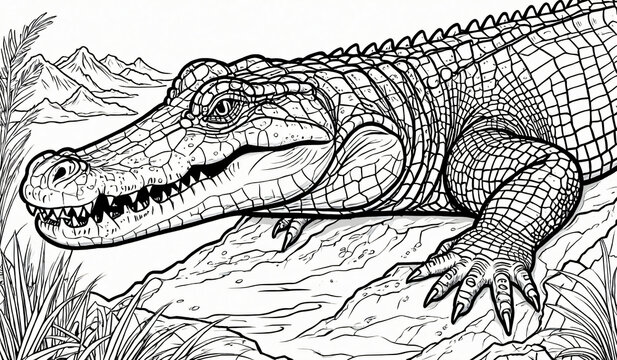 Black and white coloring book page, A crocodile floating gently in a  crystal ridge,  