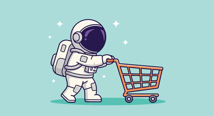Cute astronaut character pushing an empty shopping cart vector illustration. © NFS Studio