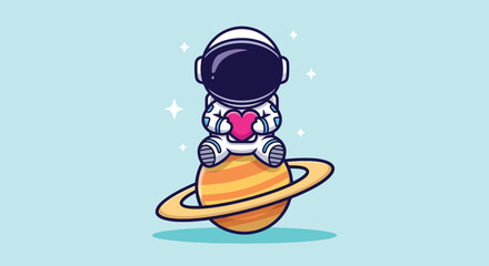 Cute Astronaut Holding a Pink Heart Sitting on Saturn Planet. © NFS Studio