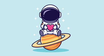 Cute Astronaut Sitting on Saturn Holding a Pink Heart Illustration. © NFS Studio