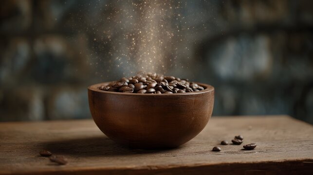 Fresh roasted coffee beans spill from a wooden bowl generating a magical burst of energy and rich aroma on a rustic surface